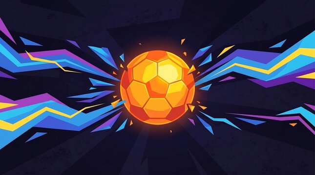 Football world cup poster banner abstract vector illustration of a glowing soccer ball exploding with energy and colorful geometric shards on a dark background