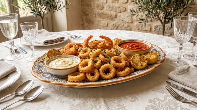 Crispy fried calamari rings and shrimp served with dipping sauce and lemon on an elegant serving plate on an elegant white tablecloth