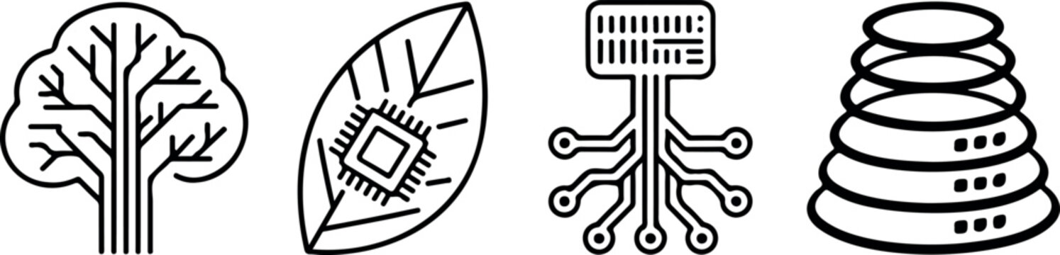 Natural technology conceptual icons including abstract tree leaf chip and stack data storage system illustration.
