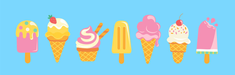 Set of sweet ice creams. Summer delicacy with different tasties. Isolated ice-cream cones and popsicle with different topping. Sundaes, gelatos for flyers, menu, web,design, print. Vector illustration