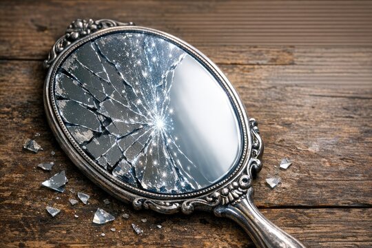 A broken mirror resting on a wooden table, perfect for illustrating forgotten memories or the consequences of shattered dreams