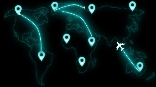 Neon world map with flight routes animation on black background