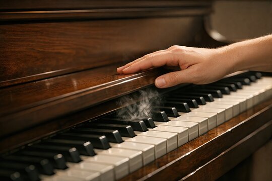 A person plays the piano with steam rising from the keys, great for music-related concepts or vintage-inspired designs