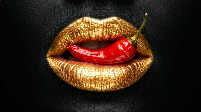 Gold painted lips biting red chili pepper on black skin background