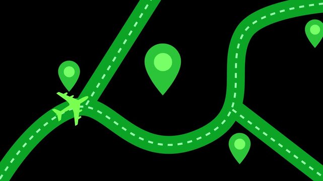 Abstract Map with Airplane and Location Pins Animation