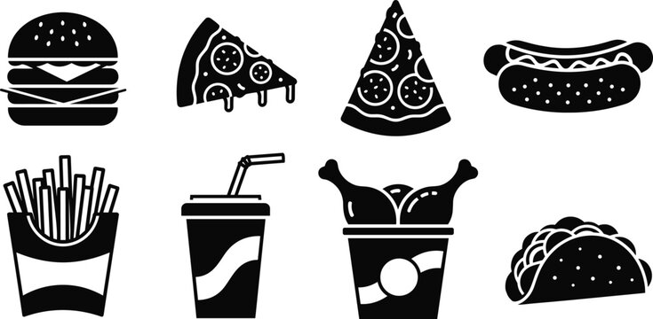 Fast Food Icon Set Featuring Burger, Pizza, Hot Dog, Fries, Soft Drink, Roasted Chicken, and Taco for Apps, Websites, and Digital Designs