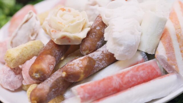 A white round plate holds a variety of mixed frozen hot pot ingredients.
