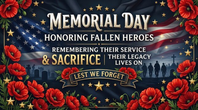 Memorial day poster with poppies and fallen soldiers tribute
