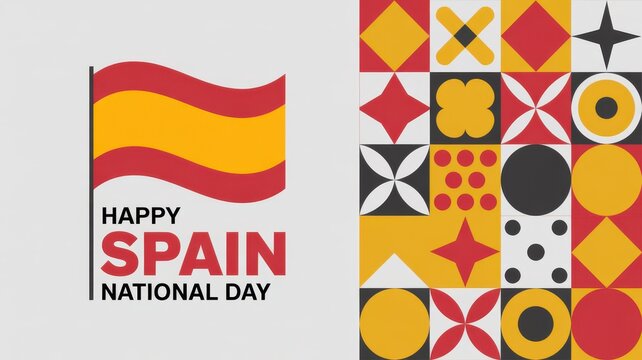 Happy Spain National Day banner with stylized flag and geometric pattern