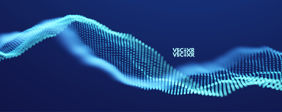 Smooth curves of a wave of connected dots. Flowing particle flow. Abstract digital background. 3D grid. Technological style. Big data. Dynamic pulsation. Vector for poster, cover, presentation, etc.