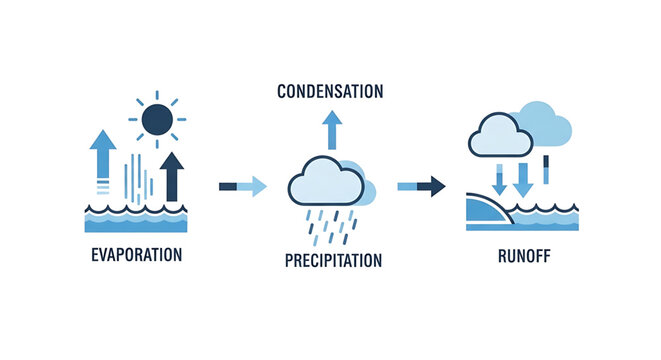 Water cycle diagram showing evaporation, condensation, precipitation and runoff