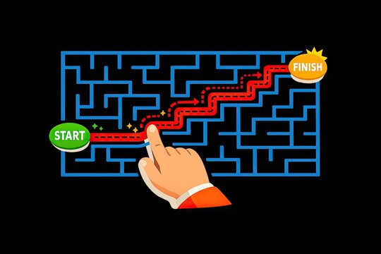 A hand points at the start of a challenging maze, ready for adventure