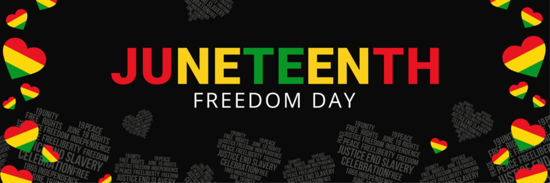 Juneteenth Celebration Vector Design. Juneteenth Freedom Day Banner with Colorful Heart Symbols on Black Background
