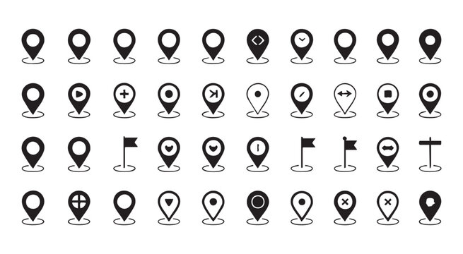Assorted map pointer icons and location pin symbols on transparent background vector graphic.