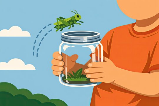 A person holds a jar containing a grasshopper, great for wildlife or nature-themed illustrations
