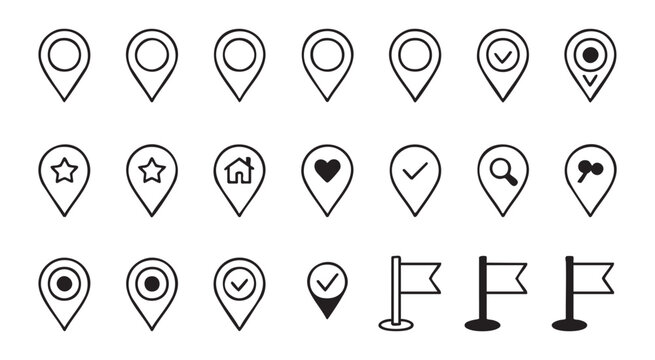 Outline map pin icons and location markers with different symbols on transparent background vector.