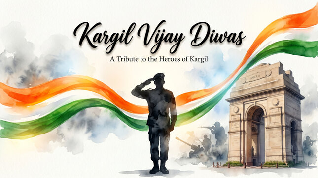 Kargil Vijay Diwas patriotic soldier salute near India Gate with flowing tricolor tribute and national honor theme