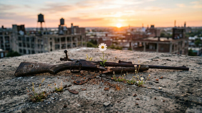 A detailed macro view of a fractured, rusty antique rifle with a delicate white daisy flower sprouting from the barrel against a golden sunset city background. Peace Day concept. 