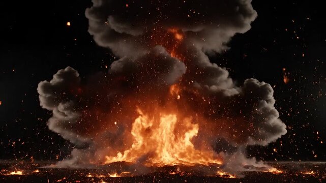 Massive Explosion Erupts with Fiery Debris and Smoke Against Dark Background.