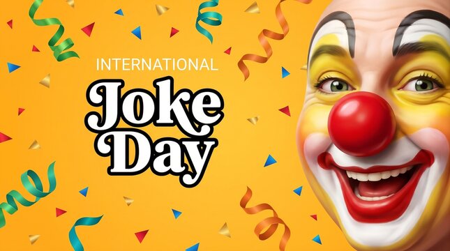 International Joke Day Laughing Clown Face with Colorful Confetti on Yellow Background