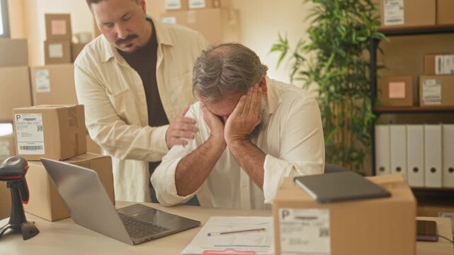 Bearded man clasping hands near mouth beside parcels and laptop in a building with colleague placing hand on shoulder; stress support.