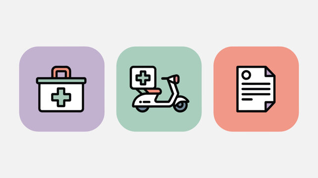 Medical Icons Set First Aid Kit Delivery Scooter and Document Flat Healthcare Icons for Apps and Services