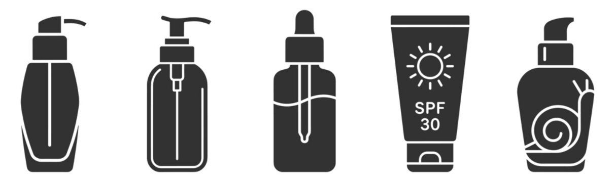 cosmetic product bottles and tubes vector icons set including pump dispenser, dropper bottle, sunscreen tube with SPF 30, and pump lotion bottle on transparent background