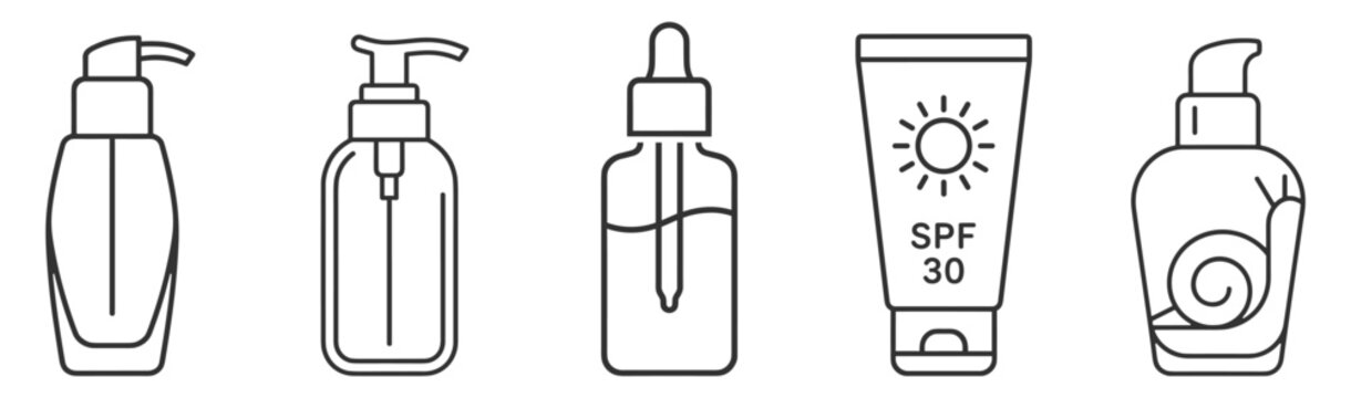 cosmetic bottles and tube line icons set including pump dispenser, dropper bottle, and sunscreen cream with spf 30 on transparent background
