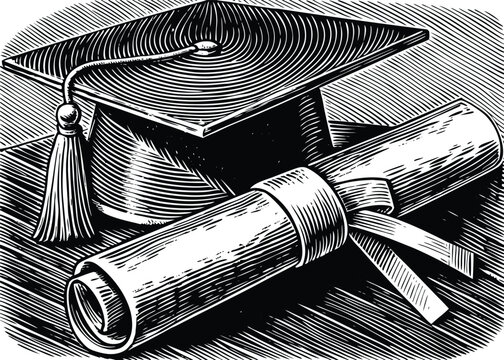 Graduation Cap and Rolled Diploma Icon with Ribbon Symbolizing Certified Education Achievement and Academic Success