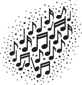 Musical notes and stars scattered pattern with musical note black and white treble clef quarter note eighth sixteenth scattered illustration performance decoration abstract