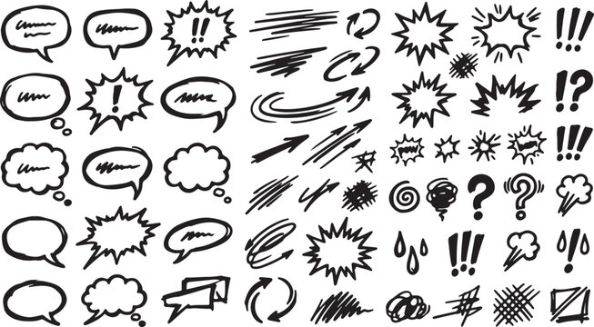 Collection of hand drawn comic book speech bubbles and action elements with speech bubble question mark exclamation mark sound effect thought bubble balloon black and white explosion
