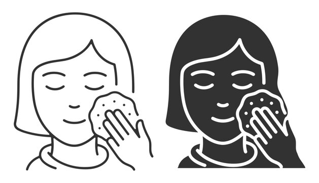 woman cleansing face with sponge line icon and solid icon set vector illustration on transparent background