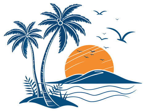 Tropical island beach sunset vector illustration with palm trees and flying birds tropical paradise vacation