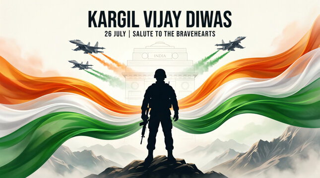 Brave Indian soldier with tricolor waves honoring Kargil Vijay Diwas national pride celebration