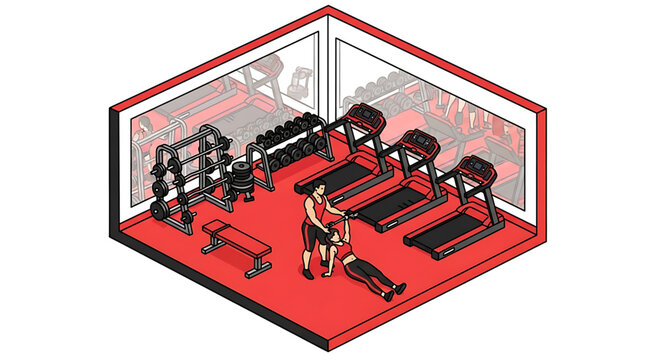 Isometric gym interior with people exercising, treadmills, and weight racks