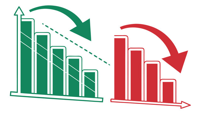 Two financial bar charts with downward trends showing declining performance and negative growth, financial