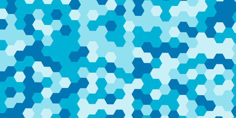 Blue hexagonal geometric pattern abstract background with shades of cyan and turquoise, honeycomb mosaic tiles modern tech camouflage texture seamless vector style. © Abu Bokkor Siddique