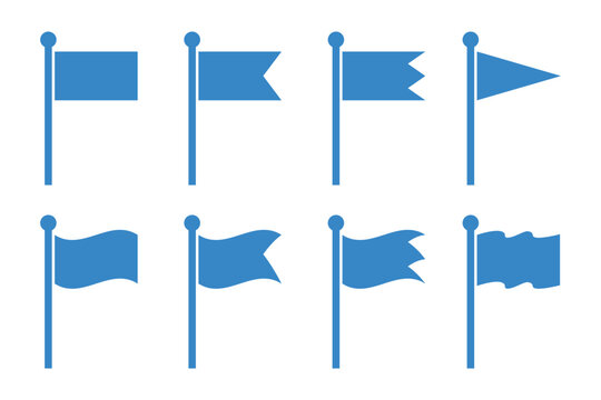 Set of eight blue flag with various shapes and waving styles on transparent background