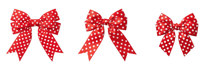 Red Polka Dot Fabric Bows, Isolated Transparent PNG Set for Holiday Packaging, Decorative Crafts, Gift Wrap, and Festive Graphic Projects © Juumagiti