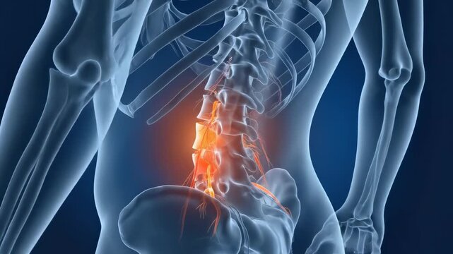 Detailed anatomical visualization, highlighting severe lower back pain, illustrating lumbar spine discomfort, a significant medical condition, health awareness concept