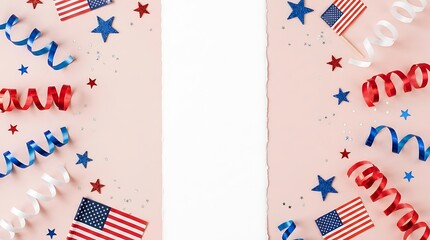 Obraz premium USA independence day happy independence day USA American Flag Decorations and Streamers on Pink red white blue confetti