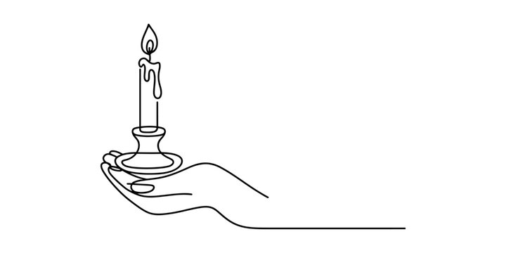 Continuous single line drawing of a human hand holding a burning candle in a candlestick