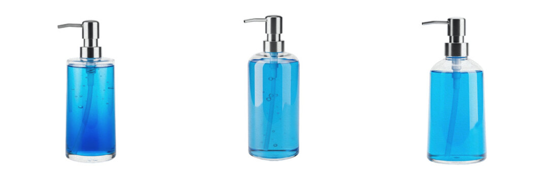 Transparent Glass Liquid Soap Dispenser Bottles, Isolated PNG Collection for Bathroom Hygiene, Skincare Product Mockups, and Commercial Advertising