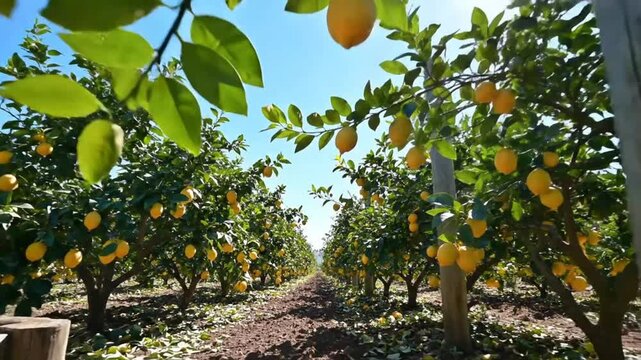 Low angle view of ripe lemons on trees in a sunny lemon grove plantation with clear blue sky