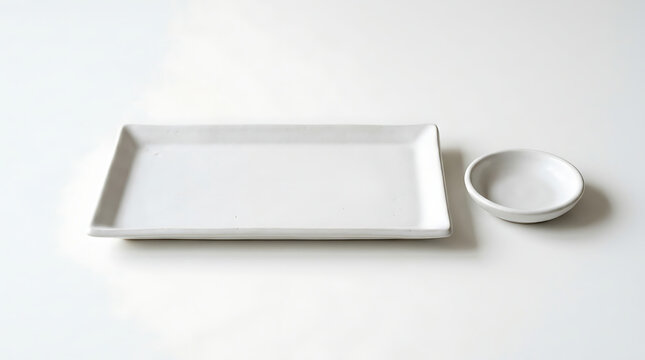 Minimalist white ceramic rectangular sushi plate and small matching dipping dish set on clean bright surface for modern food presentation