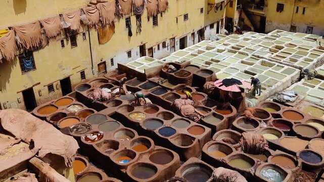 Leather coloring at  the tannery top view in Fes, Morocco