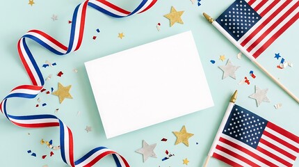 Obraz premium USA independence day happy independence day USA American Independence Day Flat Lay with Blank Card and Patriotic Decorations american flag fourth of july