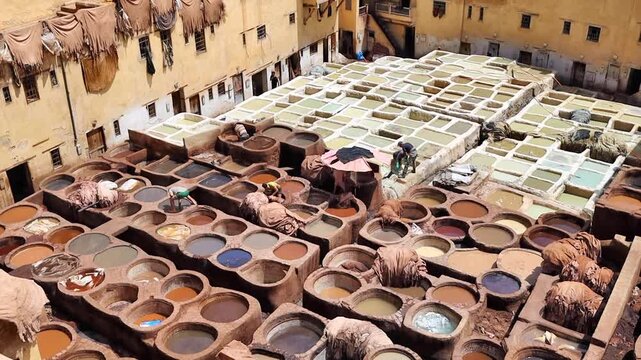 Leather coloring at  the tannery top view in Fes, Morocco
