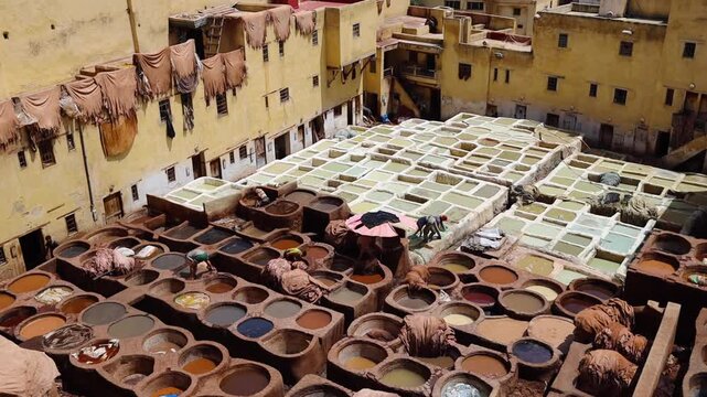 Leather coloring at  the tannery top view in Fes, Morocco