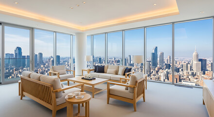 Fototapeta premium Spacious contemporary office interior with large windows, wooden desks, and city skyline view chairs